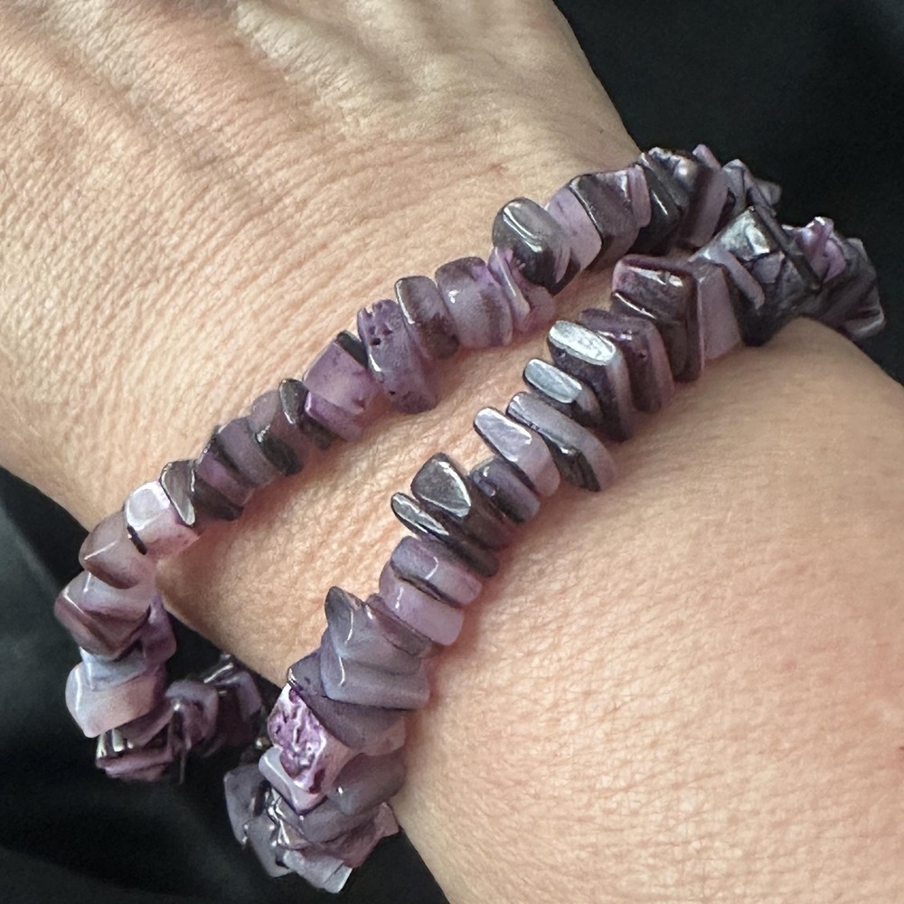 Amethyst‎ Stone Chip Purple Beaded Bracelet Womens 7.5" Barrel Clasp Set Of 2